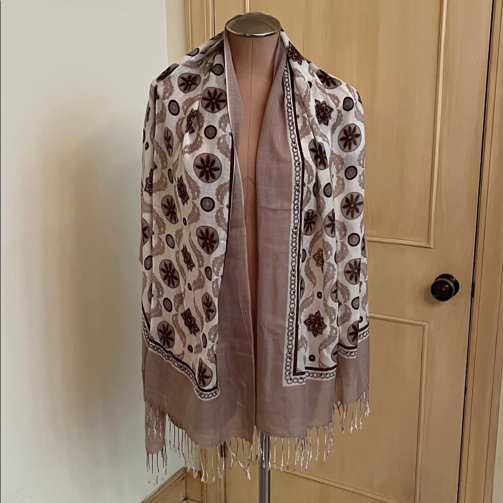 Boho/Medallion/Floral Print Rectangle Taupe, Cream and Brown Fringe Scarf/Wrap